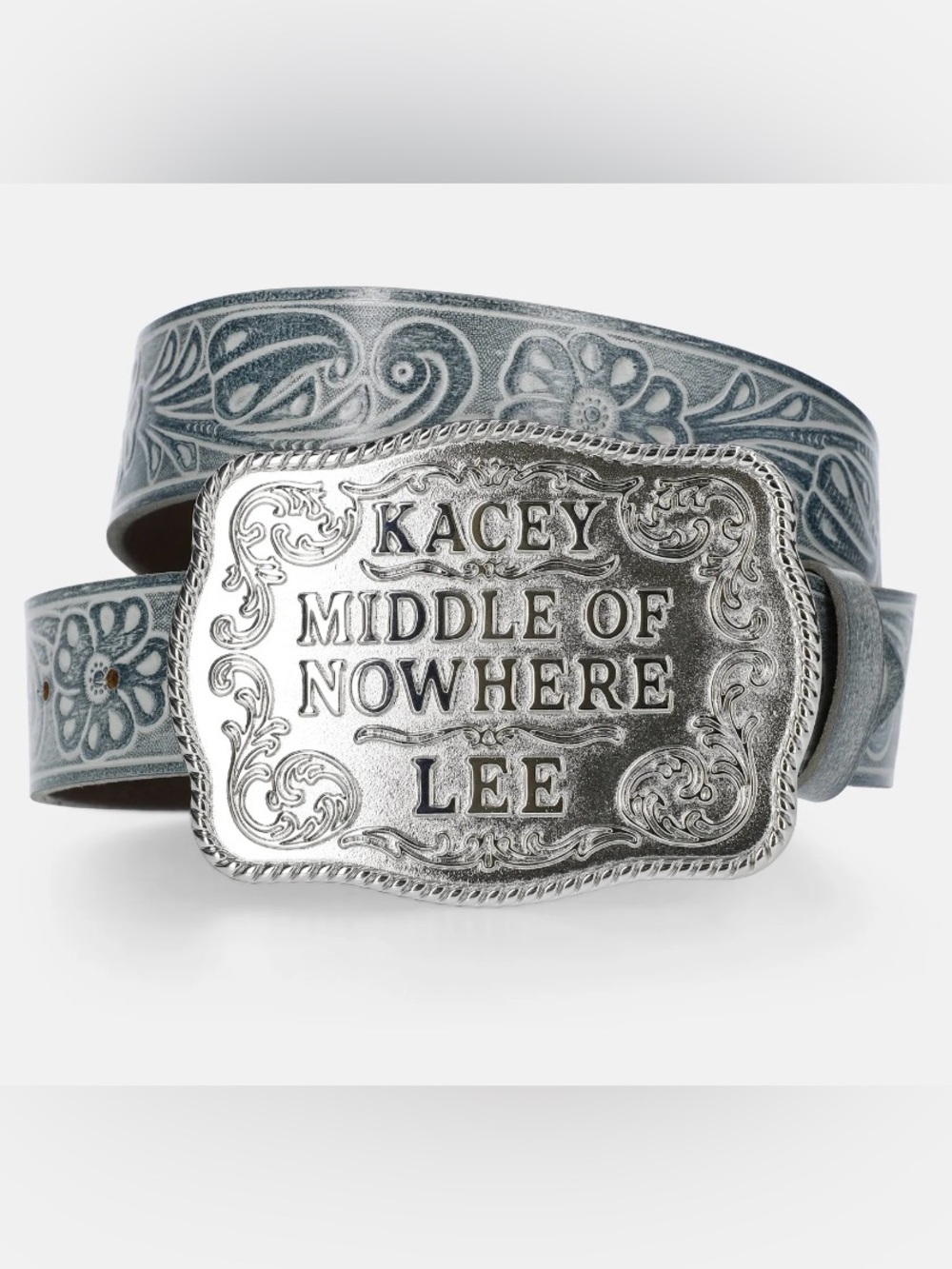 NWT Kacey Lee XL Blue Genuine Leather Western Belt Middle of Nowhere Buckle